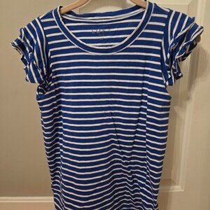 Gently worn womens  Size XS Blue and White Striped Short Sleeve Tee with Ruffles
